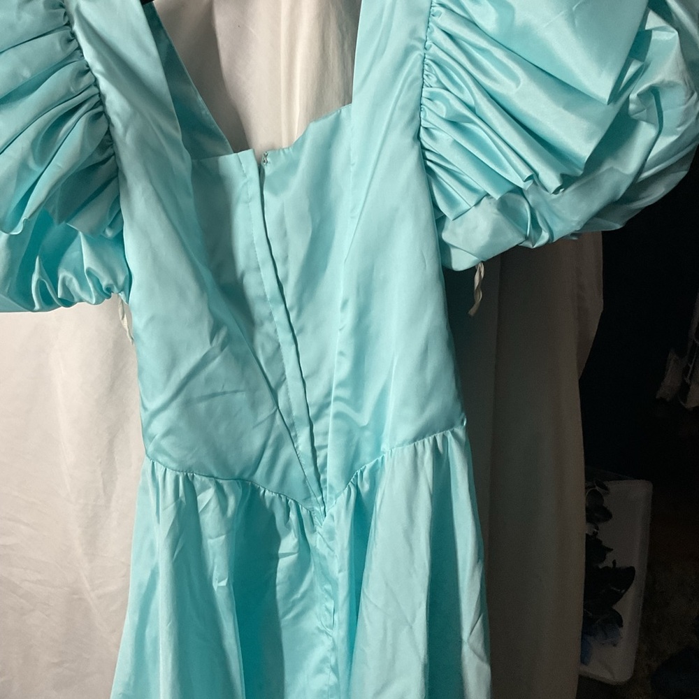 Vintage 60’s Alyce Designs Aqua Puff Sleeve Satin Dress - Picture 4 of 6